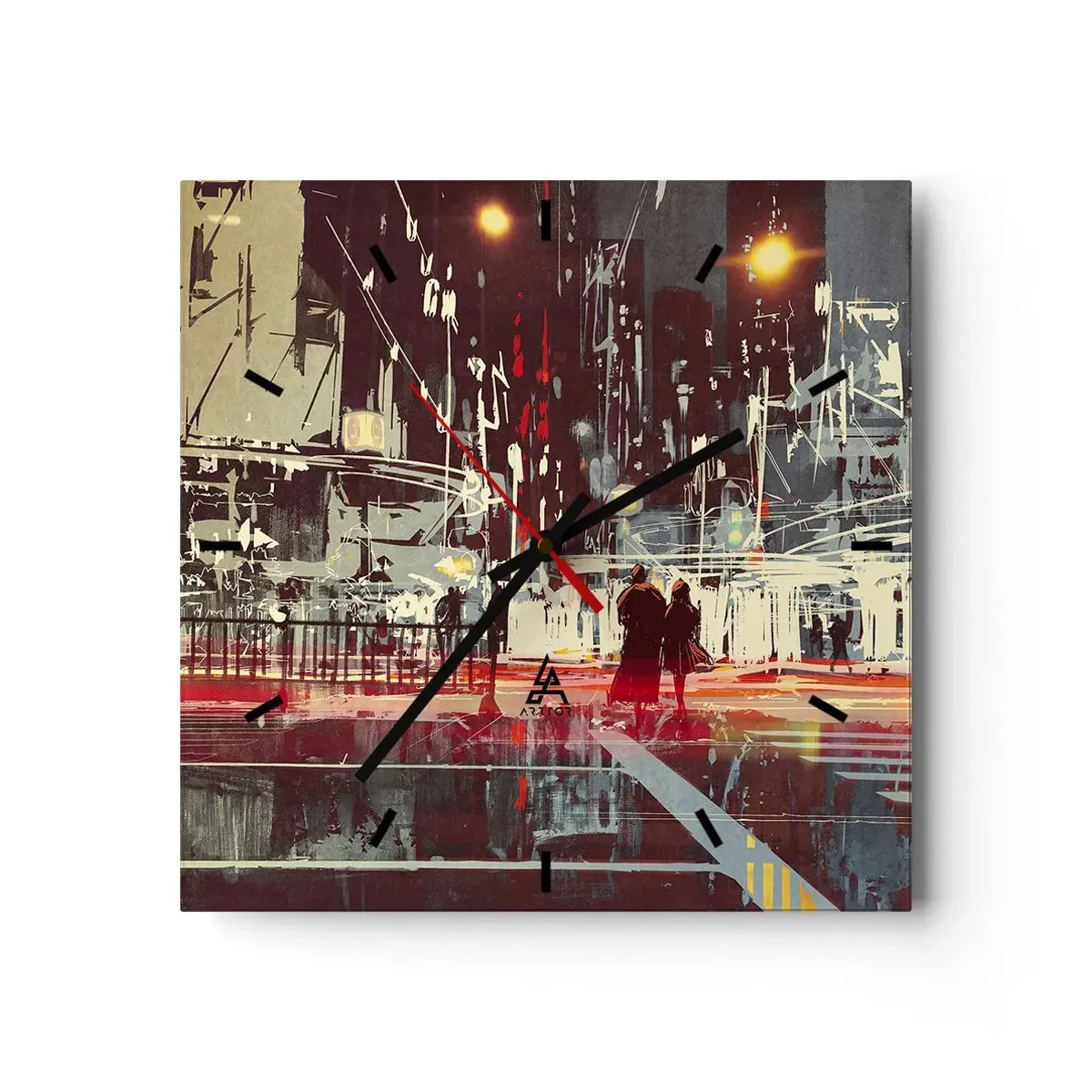 Wanduhr - Glasuhr - Stadt bei Nacht mit Neonlichtern und Silhouetten von Menschen auf der Straße - 30x30cm - Eine große Stadtüberquerung - Moderne Wanddekoration für Wohnzimmer und Schlafzimmer ARTTOR