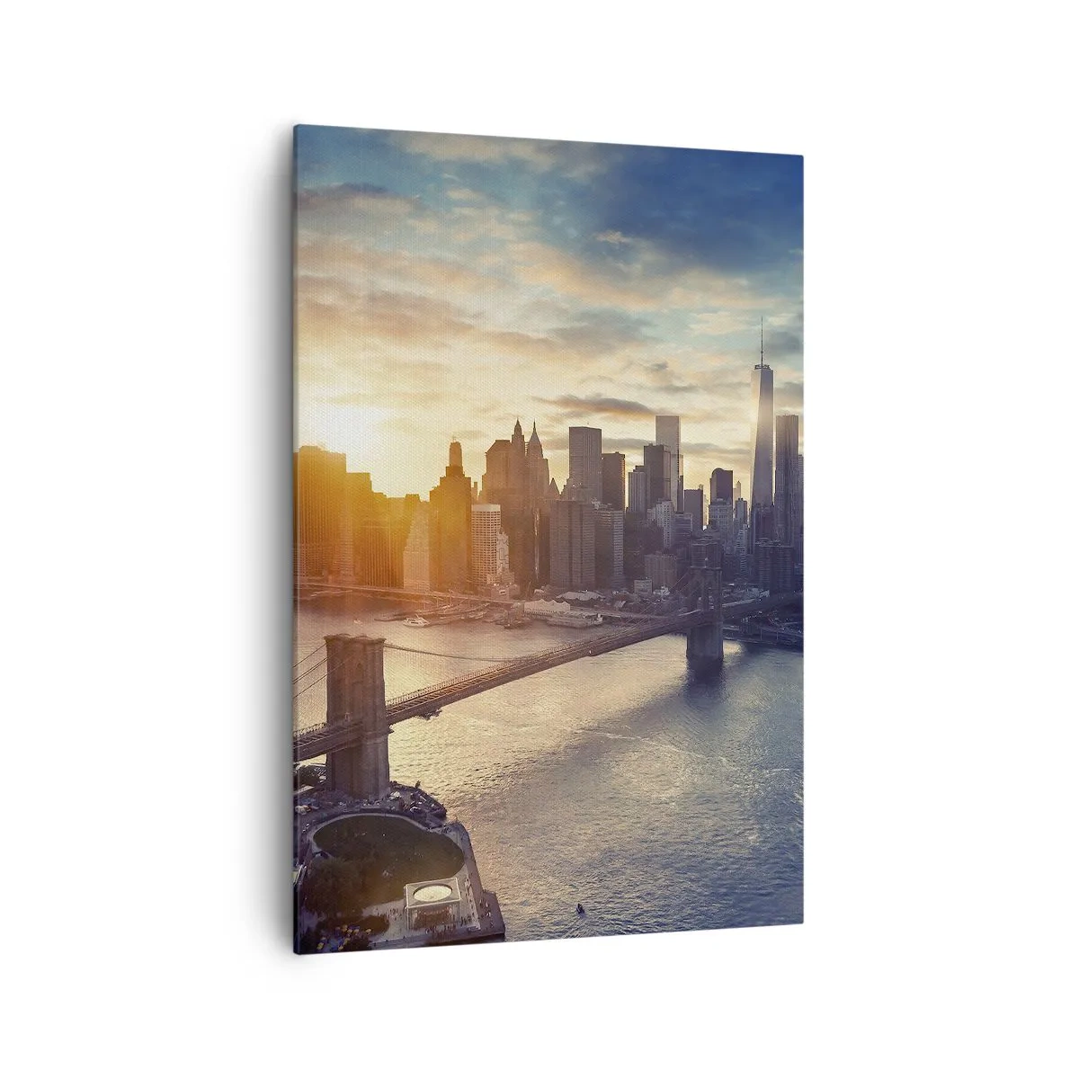 Bild auf Leinwand - Leinwandbild - Panorama der Stadt mit der Brücke und dem Fluss im Licht der untergehenden Sonne - 70x100cm - Westliches Kulturdenkmal - Moderne Wanddekoration für Wohnzimmer und Schlafzimmer ARTTOR