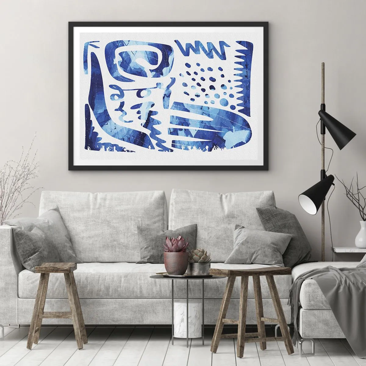 Poster in einem schwarzem Rahmen - Abstraktes Muster in Blautönen - 70x50cm - Zurück zu den Wurzeln - Moderne Wanddekoration für Wohnzimmer und Schlafzimmer ARTTOR