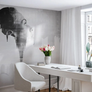Maßgeschneiderte selbstklebende Fototapete Deluxe Sticker - Auf beiden Seiten des Glases - Abstraktion, Das Gesicht einer Frau, Die Architektur