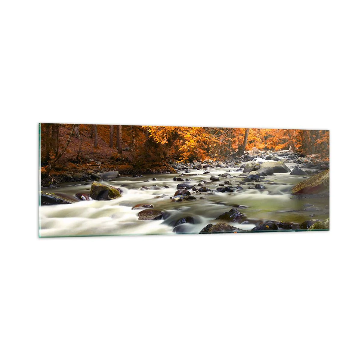 Glasbild - Bild auf glas - Ein Bach in einem goldenen Wald - 90x30 cm