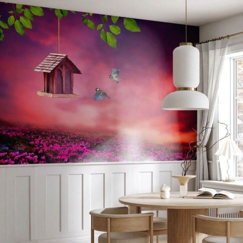 Selbstklebende Fototapete Deluxe Sticker - Einladung zum Abendessen - Landschaft, Blumen, Vogelhaus - 100x70 cm
