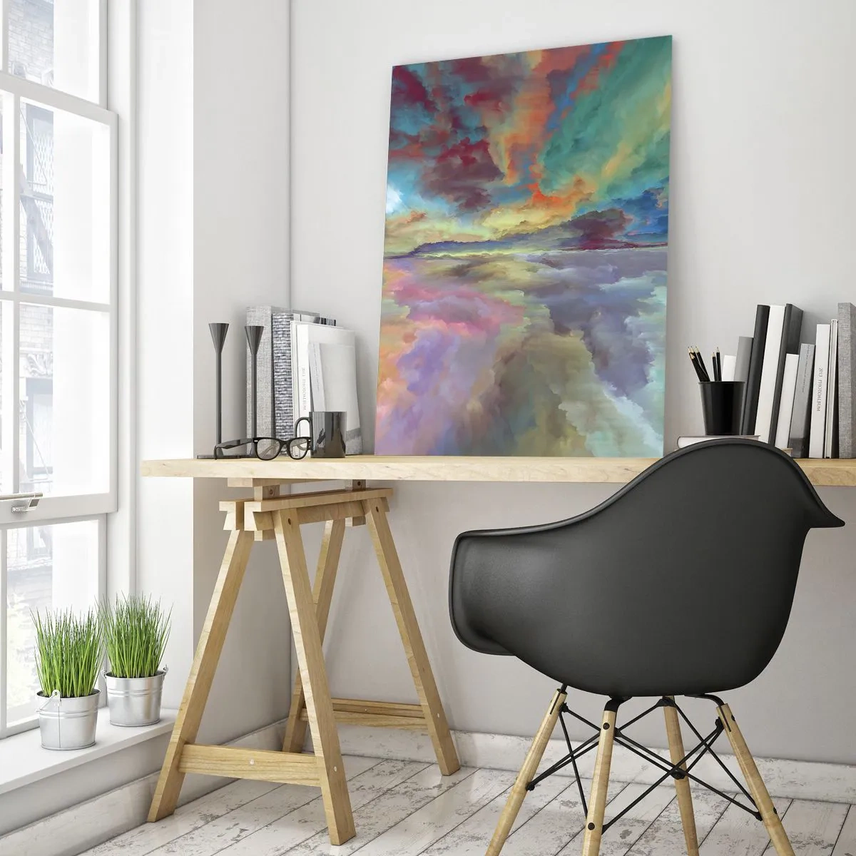 Glasbild - Bild auf glas - Bunte Wolkenlandschaft im abstrakten Stil - 80x120cm - Zwei Himmel - Moderne Wanddekoration für Wohnzimmer und Schlafzimmer ARTTOR