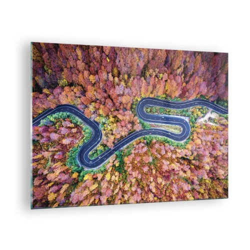 Glasbild - Bild auf glas - Eine Vogelperspektive auf eine kurvenreiche Straße zwischen bunten Herbstbäumen - 70x50cm - Kurvenreicher Weg durch den Wald - Moderne Wanddekoration für Wohnzimmer und Schlafzimmer ARTTOR