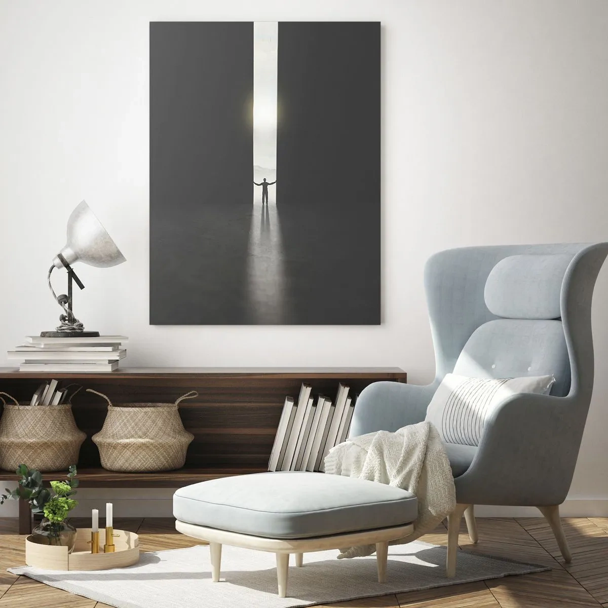 Glasbild - Bild auf glas - Silhouette eines Mannes, der eine Tür zu einem hellen Licht öffnet - 50x70cm - Ein Schritt in eine strahlende Zukunft - Moderne Wanddekoration für Wohnzimmer und Schlafzimmer ARTTOR