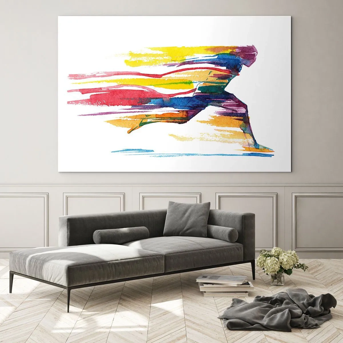 Glasbild - Bild auf glas - Abstrakte Silhouette eines Läufers in dynamischen Farben - 70x50cm - Über den Regenbogen laufen - Moderne Wanddekoration für Wohnzimmer und Schlafzimmer ARTTOR