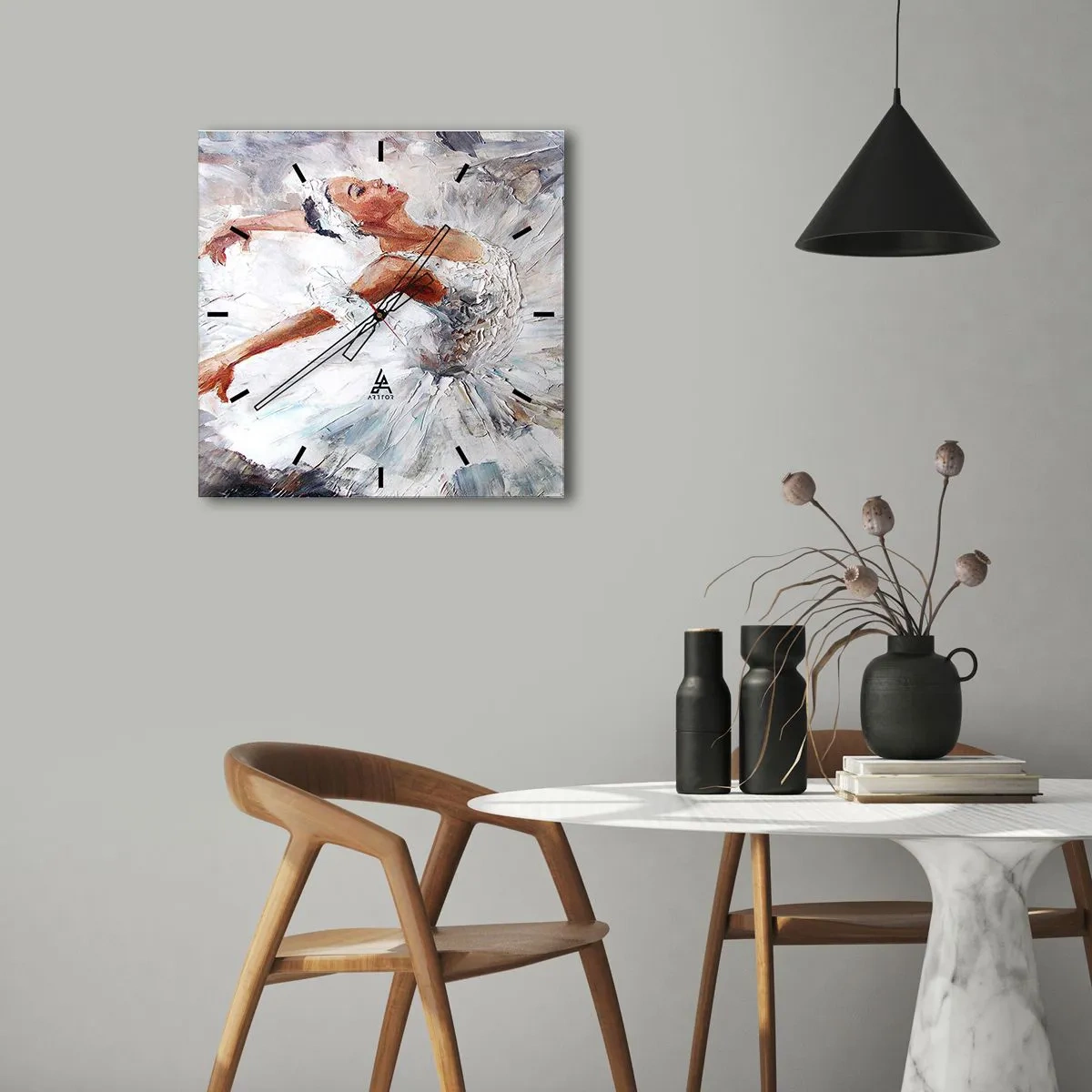Wanduhr - Glasuhr - Eine Ballerina in einem weißen Kleid tanzt - 30x30cm - Zart und leicht wie Tüll - Moderne Wanddekoration für Wohnzimmer und Schlafzimmer ARTTOR