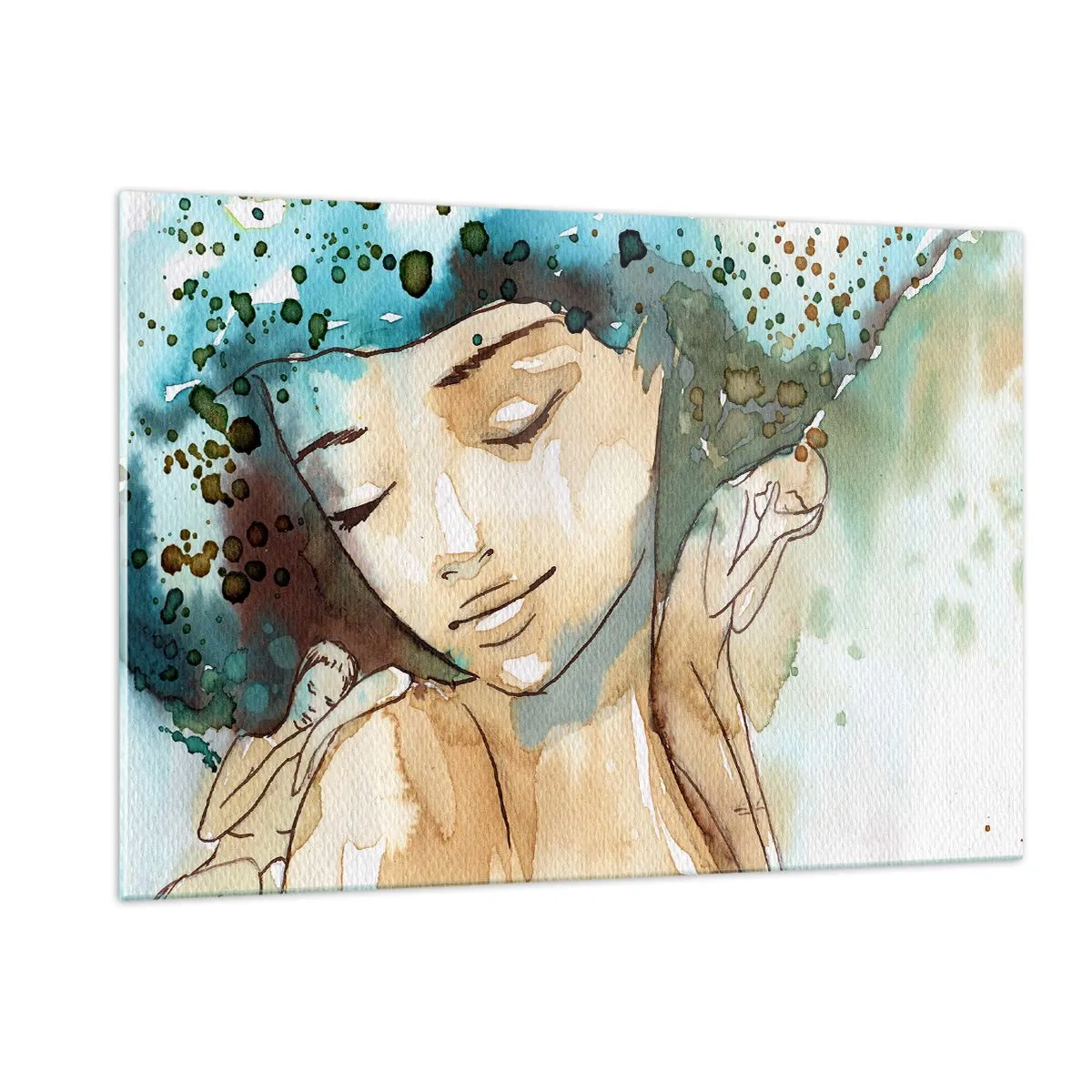 Glasbild - Bild auf glas - Aquarellporträt einer Frau mit geschlossenen Augen - 120x80cm - Dame in Blau - Moderne Wanddekoration für Wohnzimmer und Schlafzimmer ARTTOR