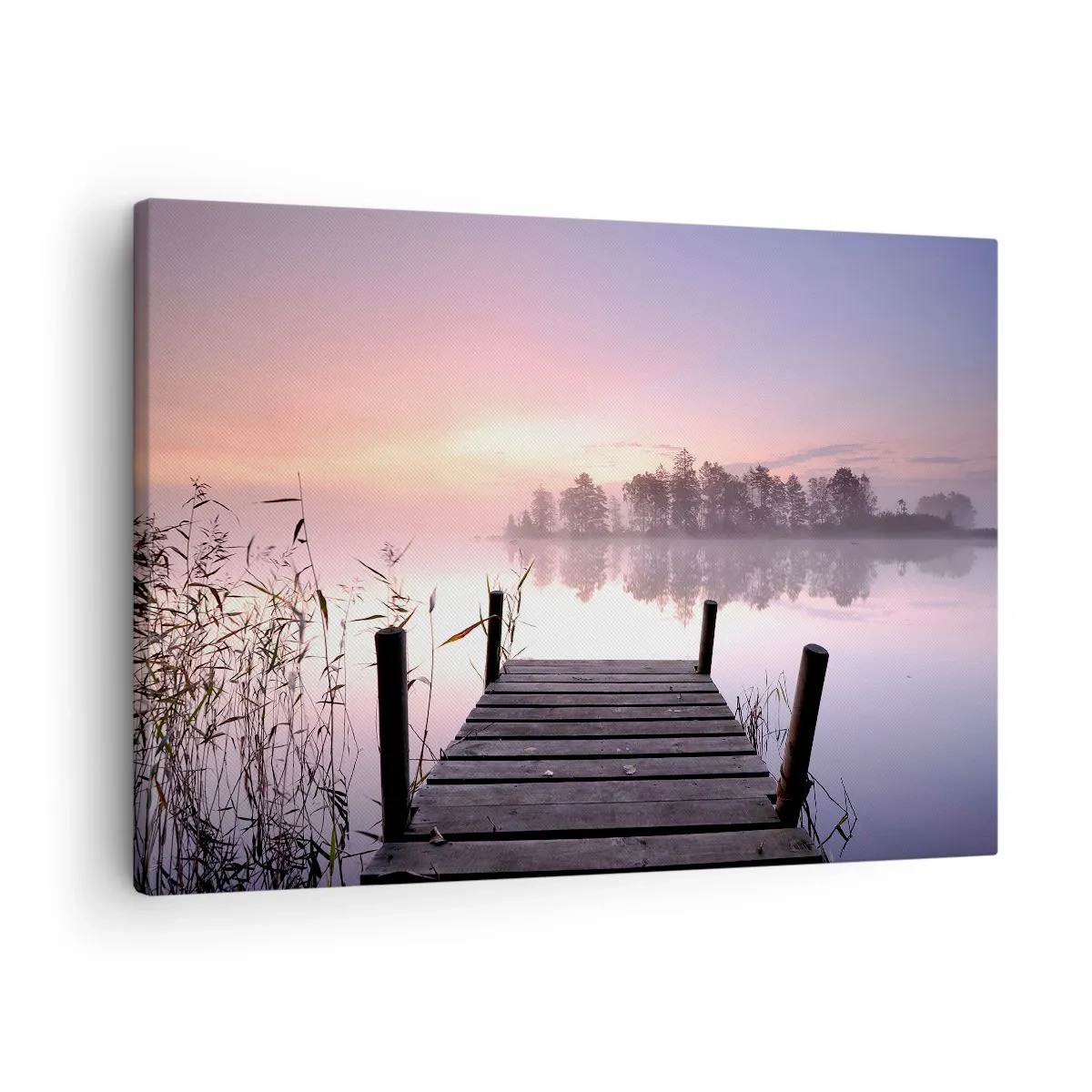 Bild auf Leinwand - Leinwandbild - Ein Steg am Seeufer im Morgengrauen mit Nebel und pastellfarbenem Himmel - 70x50cm - Aus dem lila Nebel ... - Moderne Wanddekoration für Wohnzimmer und Schlafzimmer ARTTOR