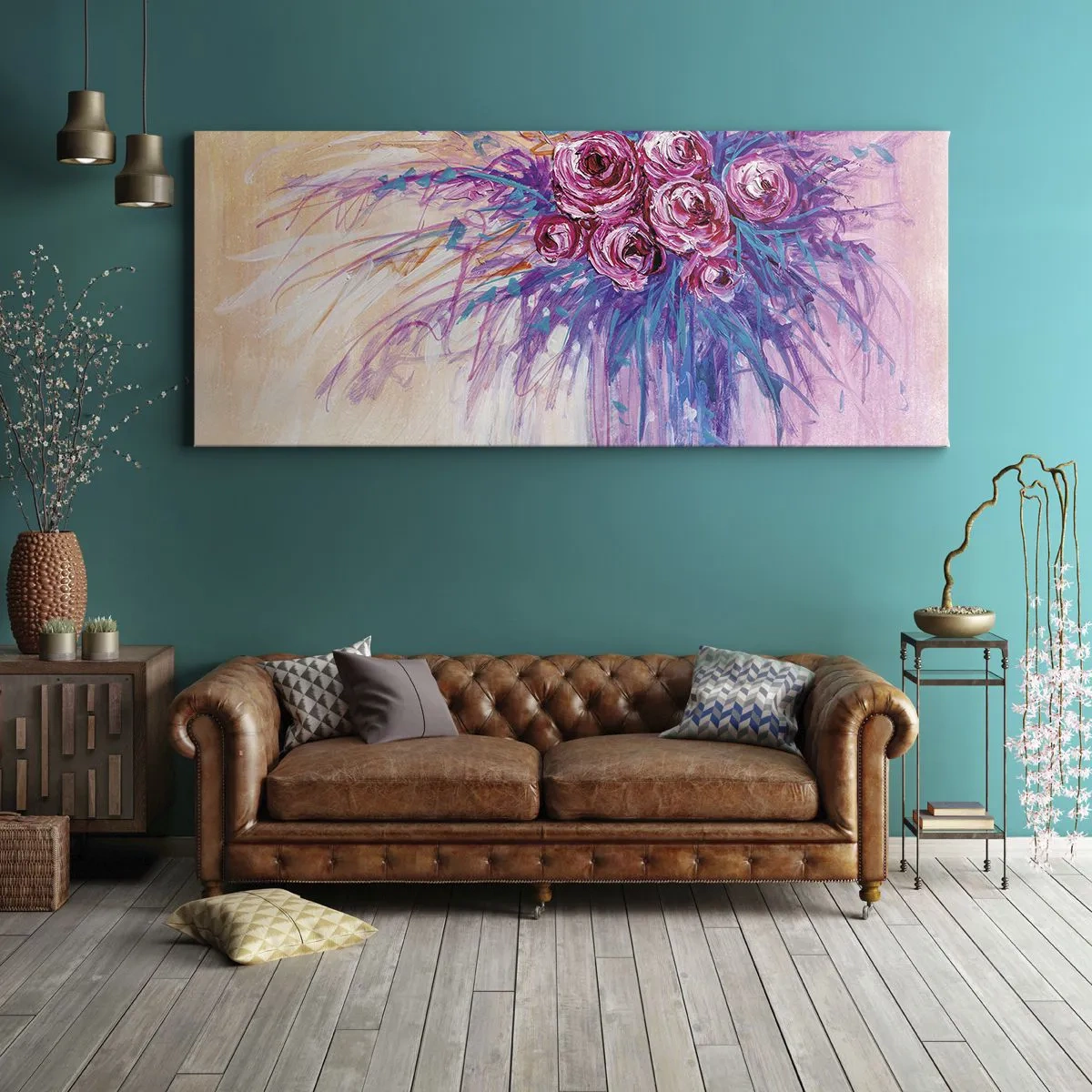 Bild auf Leinwand - Leinwandbild - Ein Strauß Rosen in Pastellfarben - 160x50cm - Rosenbrunnen - Moderne Wanddekoration für Wohnzimmer und Schlafzimmer ARTTOR
