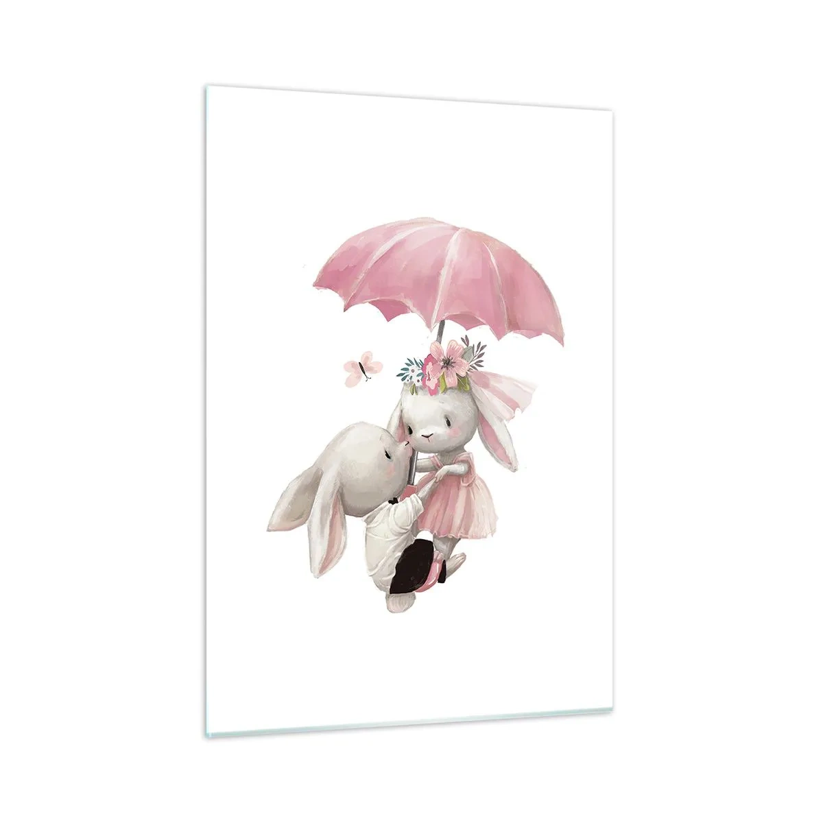 Glasbild - Bild auf glas - Zwei Kaninchen unter einem rosa Regenschirm in einer romantischen Szene - 50x70cm - Das ist eben Liebe - Moderne Wanddekoration für Wohnzimmer und Schlafzimmer ARTTOR