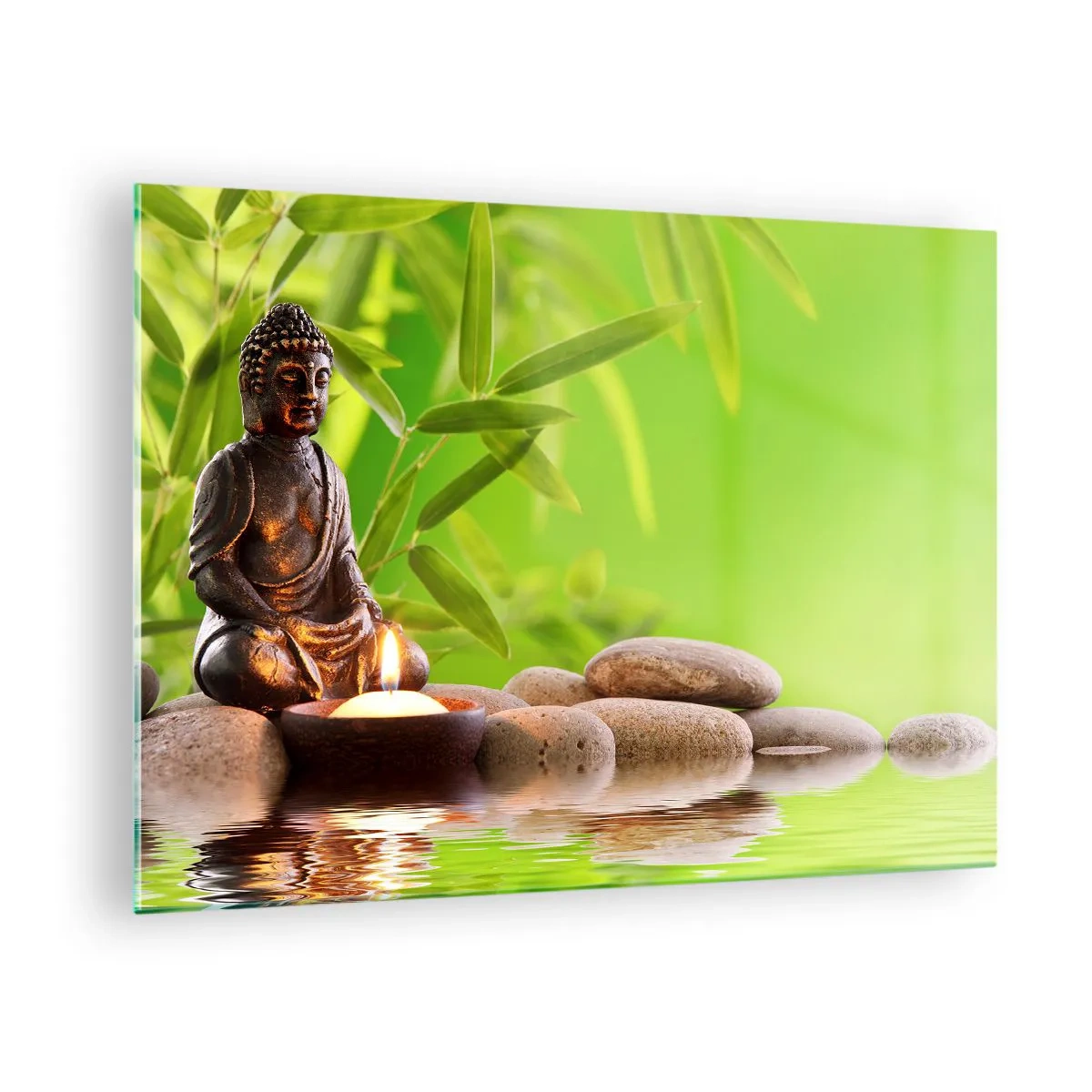 Glasbild - Bild auf glas - Eine Buddha-Figur mit einer brennenden Kerze in einer grünen Umgebung - 70x50cm - Das Leben ist wunderschoen - Moderne Wanddekoration für Wohnzimmer und Schlafzimmer ARTTOR