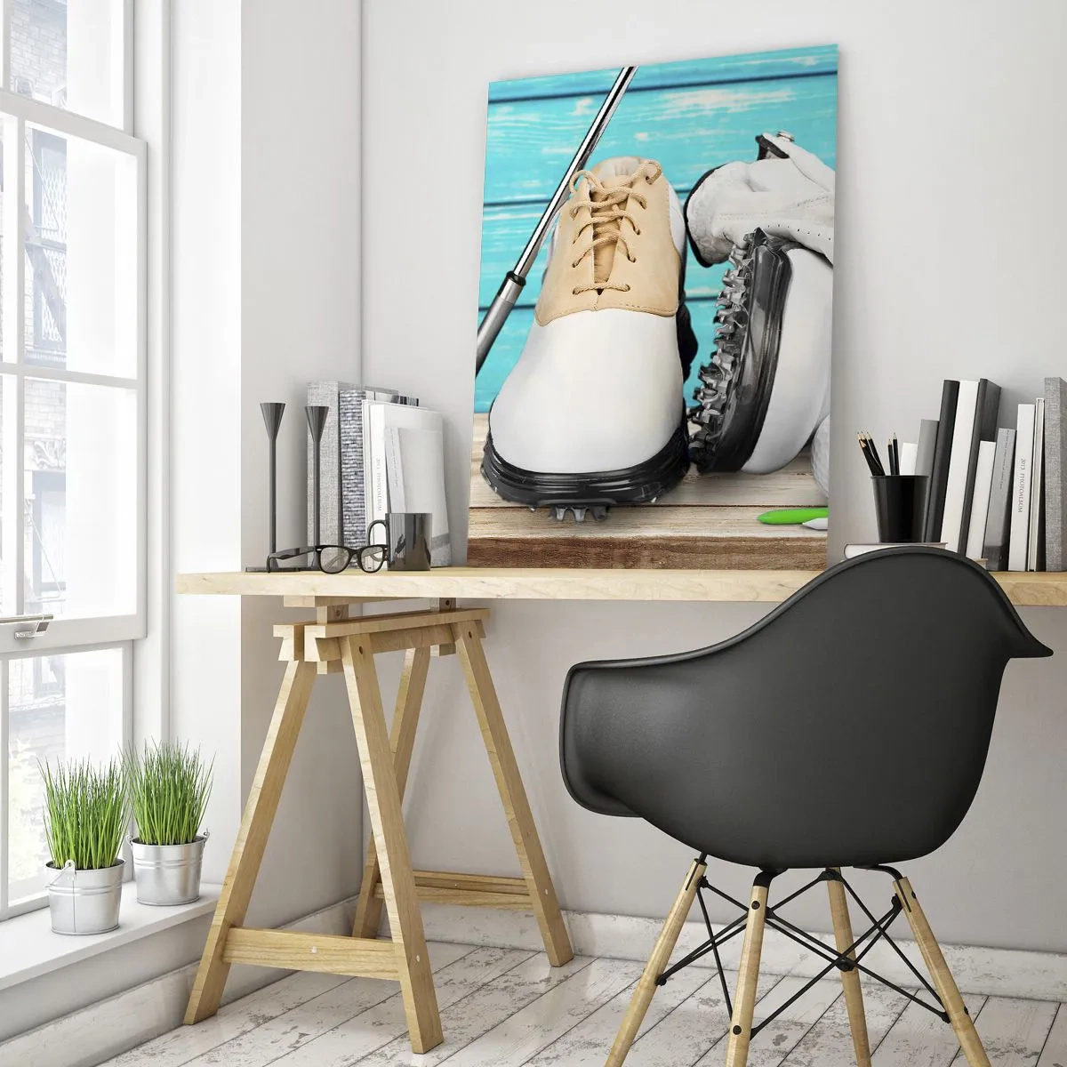 Glasbild - Bild auf glas - Ein Set Golfzubehör auf einem hölzernen Hintergrund - 70x100cm - Alles ist bereit - Moderne Wanddekoration für Wohnzimmer und Schlafzimmer ARTTOR