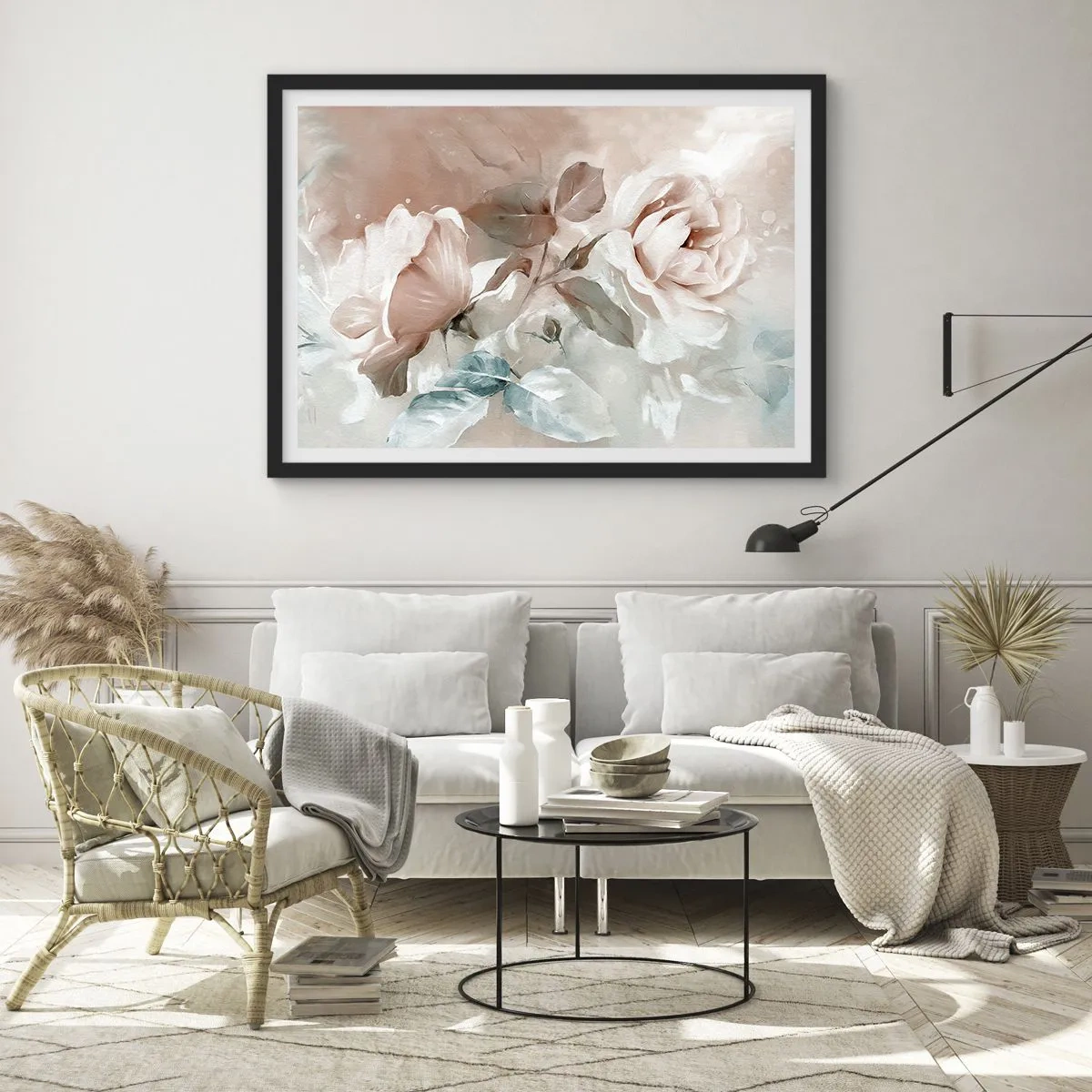 Poster in einem schwarzem Rahmen - Zarte Rosen in Pastelltönen auf hellem Untergrund - 70x50cm - Geist der Romantik - Moderne Wanddekoration für Wohnzimmer und Schlafzimmer ARTTOR