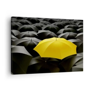 Bild auf Leinwand - Leinwandbild - Ein gelber Regenschirm zwischen schwarzen Regenschirmen - 70x50cm - Auf Wiedersehen Trauer - Moderne Wanddekoration für Wohnzimmer und Schlafzimmer ARTTOR