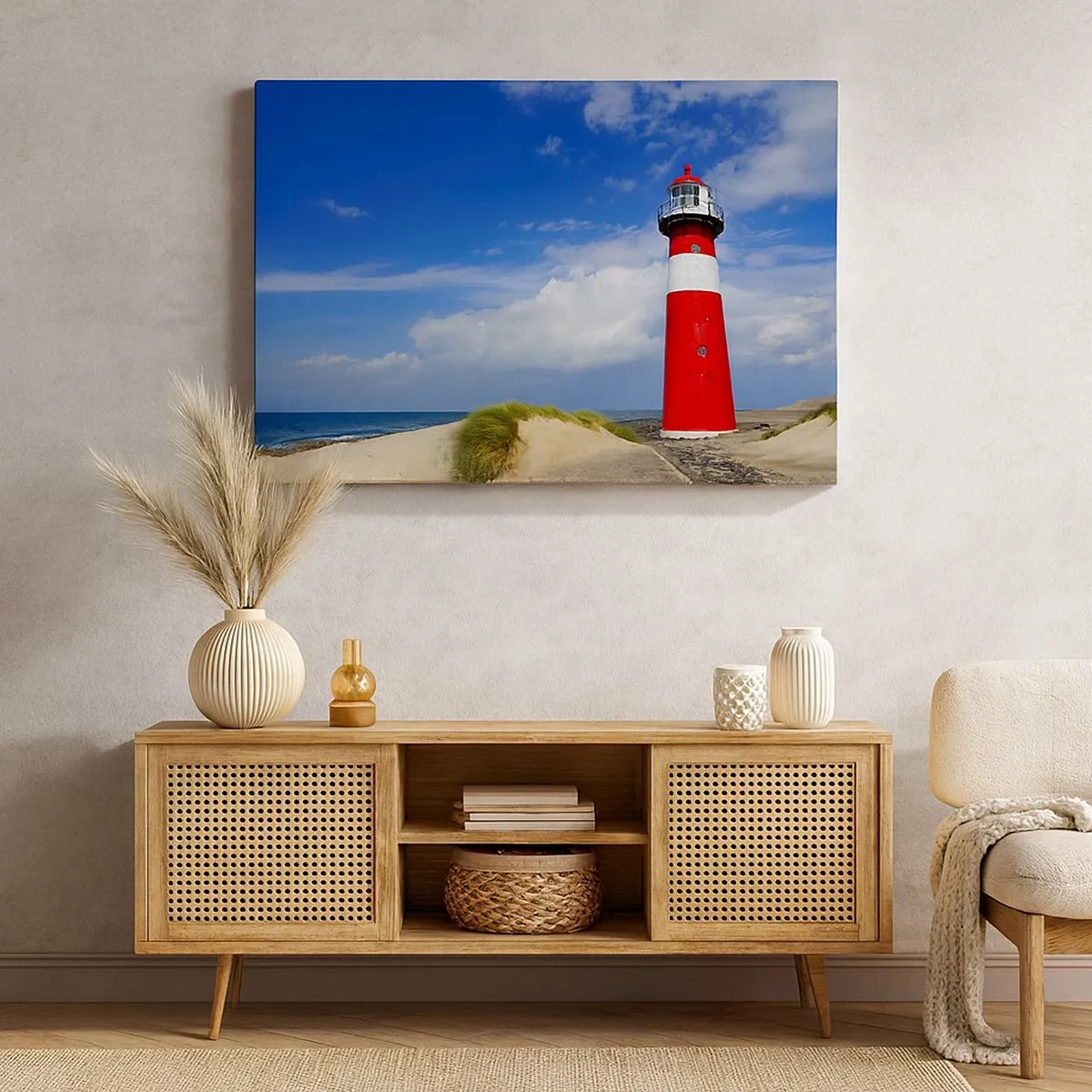 Bild auf Leinwand - Leinwandbild - Roter Leuchtturm am Strand unter blauem Himmel - 70x50cm - Traum Einsamkeit - Moderne Wanddekoration für Wohnzimmer und Schlafzimmer ARTTOR