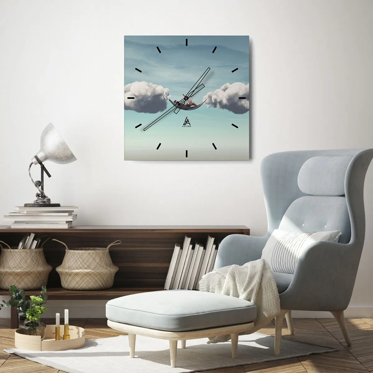 Wanduhr - Glasuhr - Eine Person entspannt in einer Hängematte in den Wolken - 30x30cm - Die Behaglichkeit des Augenblicks - Moderne Wanddekoration für Wohnzimmer und Schlafzimmer ARTTOR