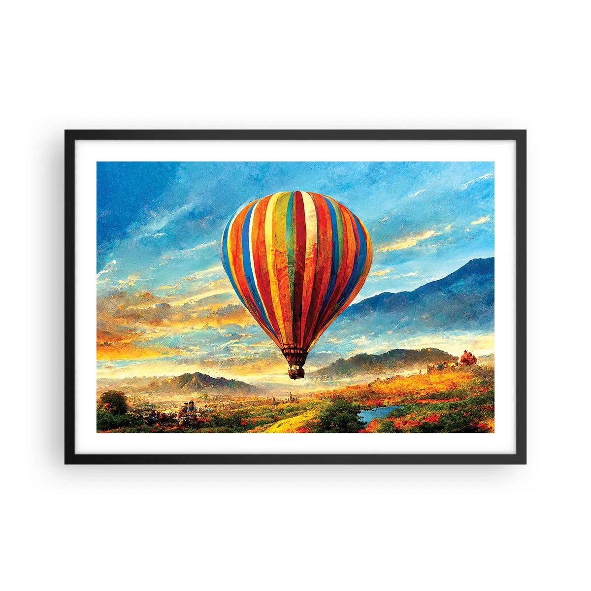 Poster in einem schwarzem Rahmen - Ein bunter Ballon über einer malerischen Landschaft - 70x50cm - In der Stille sieht man mehr - Moderne Wanddekoration für Wohnzimmer und Schlafzimmer ARTTOR