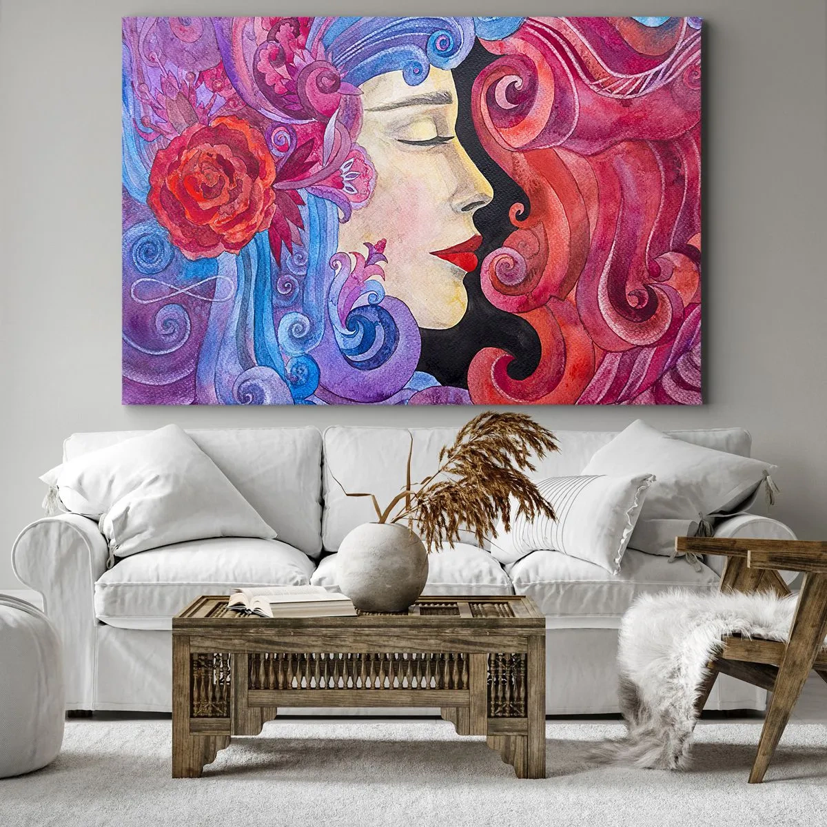 Bild auf Leinwand - Leinwandbild - Buntes Profil einer Frau im künstlerischen Stil - 70x50cm - Der Jugendstil lebt noch - Moderne Wanddekoration für Wohnzimmer und Schlafzimmer ARTTOR