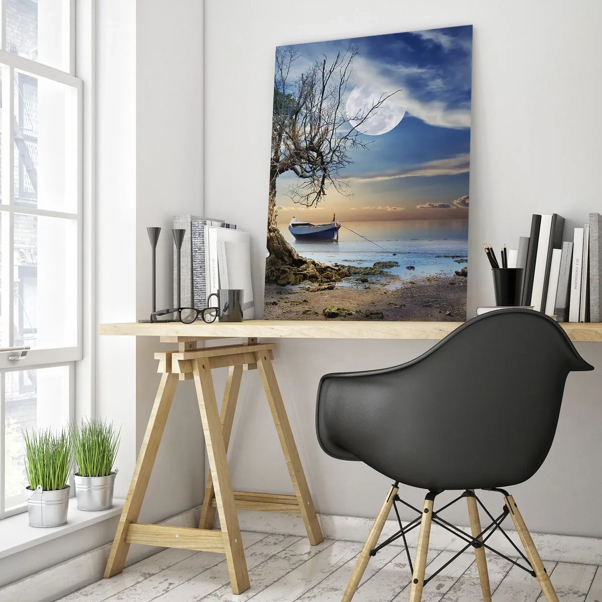Glasbild - Bild auf glas - Ein einsamer Baum und ein Boot auf ruhigem Wasser unter Vollmond. - 80x120cm - Ist das das Ende oder der Anfang? - Moderne Wanddekoration für Wohnzimmer und Schlafzimmer ARTTOR