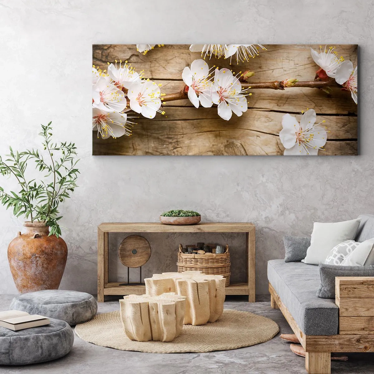 Bild auf Leinwand - Leinwandbild - Zweige blühender Kirschbäume auf einem Holzbretthintergrund - 120x50cm - Und es war Frühling - Moderne Wanddekoration für Wohnzimmer und Schlafzimmer ARTTOR