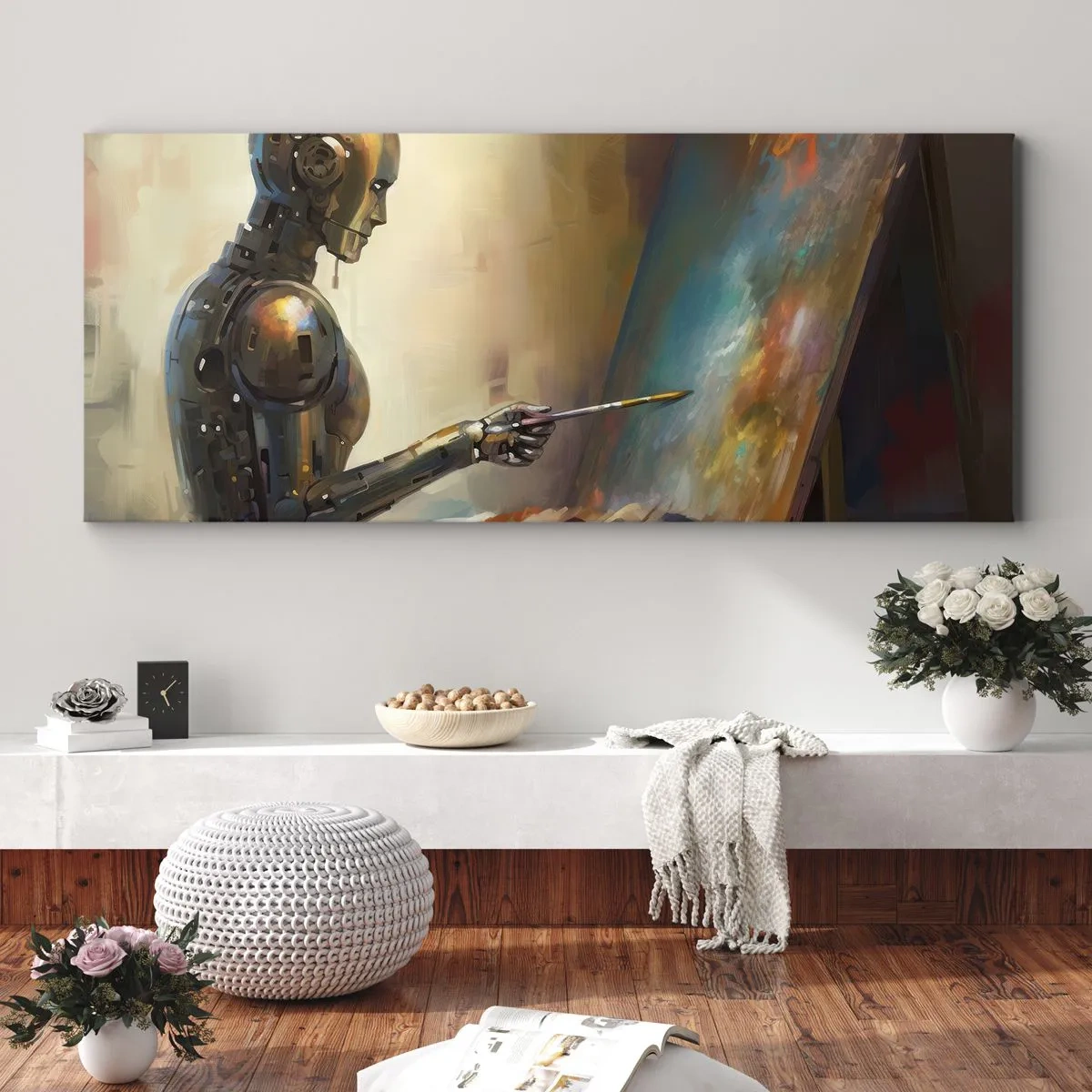 Bild auf Leinwand - Leinwandbild - Ein Roboter, der im künstlerischen Stil auf einer Leinwand malt - 140x50cm - Die Kunst der Zukunft - Moderne Wanddekoration für Wohnzimmer und Schlafzimmer ARTTOR