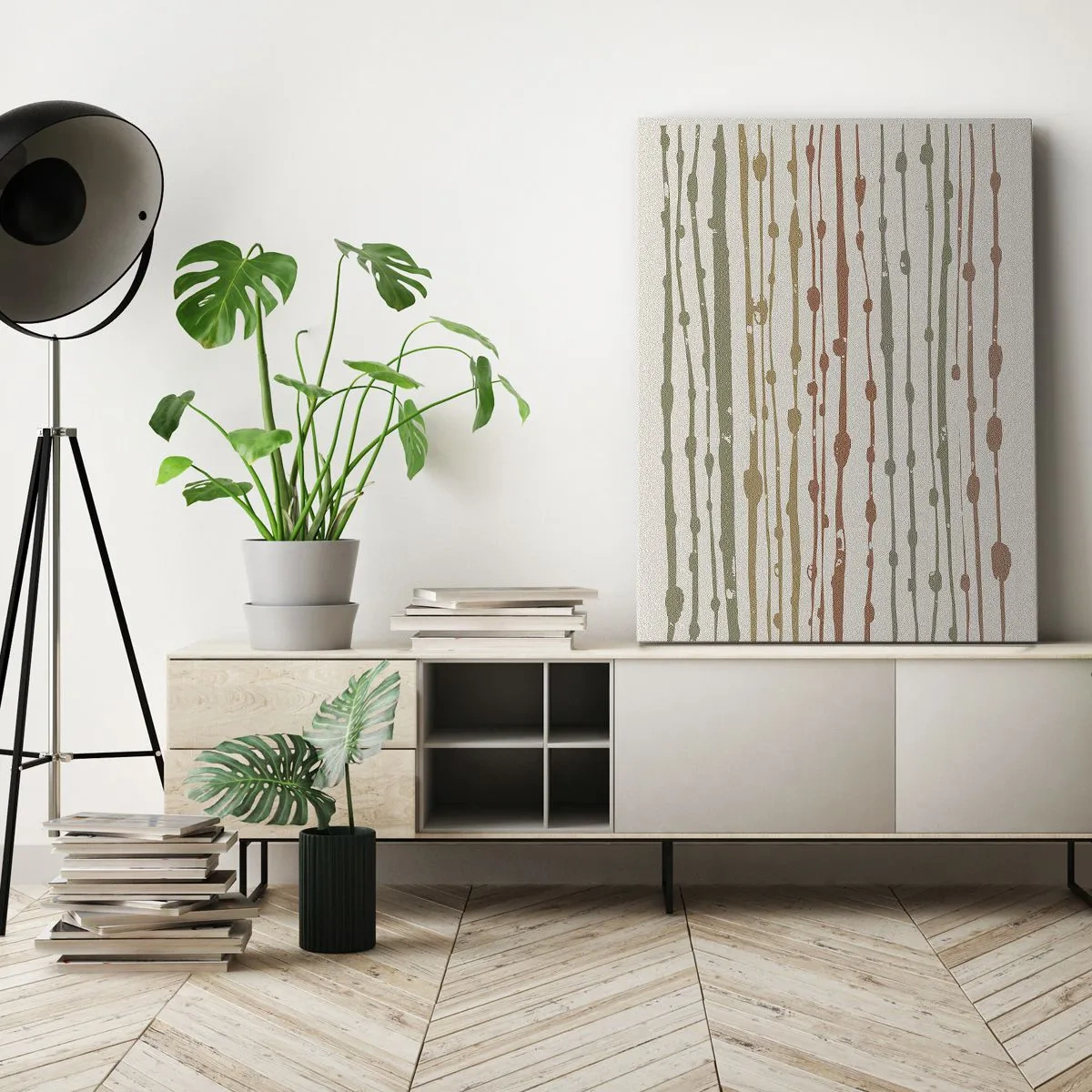 Bild auf Leinwand - Leinwandbild - Ein Linienmuster in warmen Farbtönen auf hellem Hintergrund - 50x70cm - Musikalische Notation von Farben - Moderne Wanddekoration für Wohnzimmer und Schlafzimmer ARTTOR