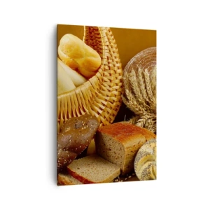Bild auf Leinwand - Leinwandbild - Verschiedene Brotsorten in einem Weidenkorb auf goldenem Hintergrund - 70x100cm - Wir sind wieder davongekommen - Moderne Wanddekoration für Wohnzimmer und Schlafzimmer ARTTOR