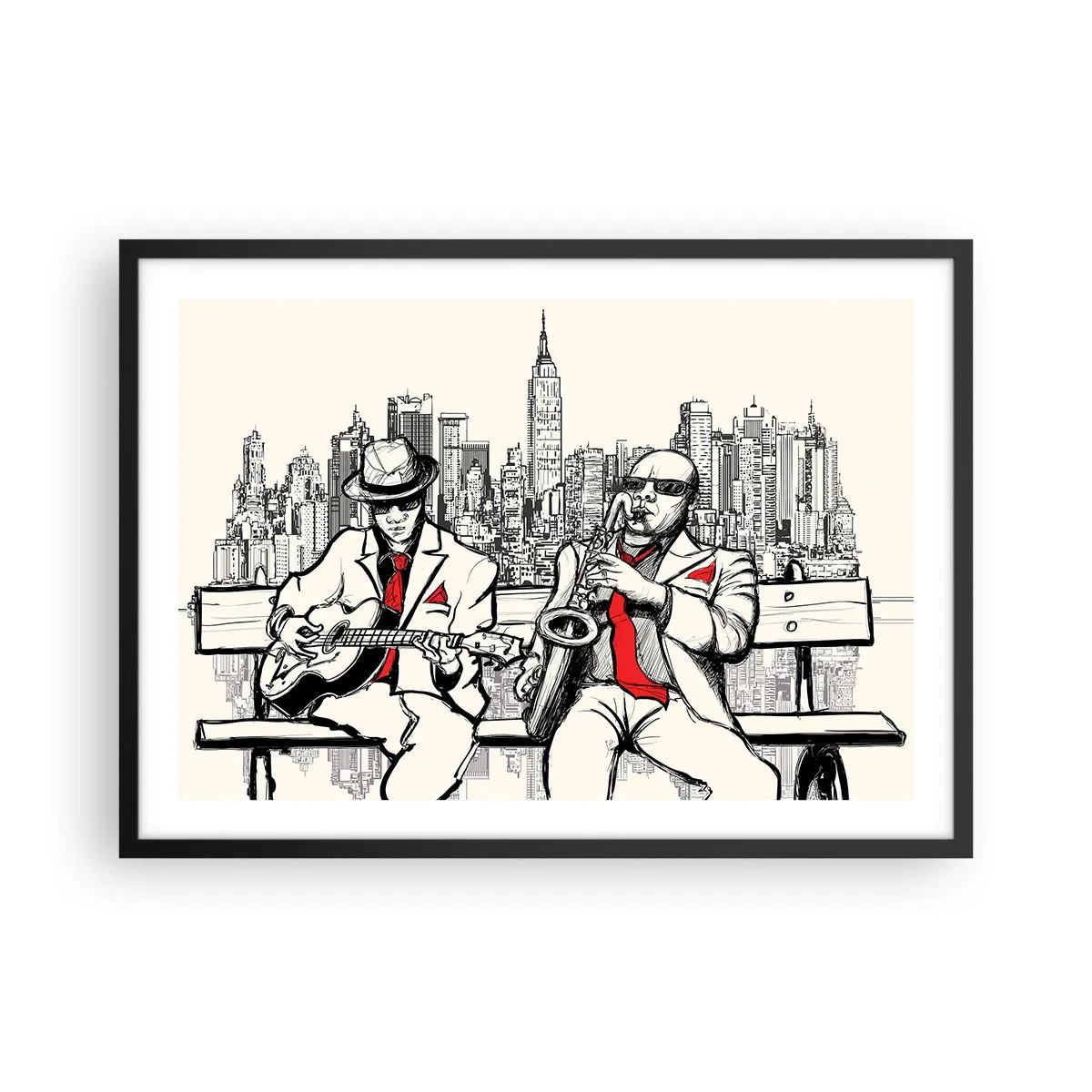 Poster in einem schwarzem Rahmen - Ein Jazzduo mit Saxophon und Gitarre vor der Kulisse der Stadt - 70x50cm - New Yorker Improvisation - Moderne Wanddekoration für Wohnzimmer und Schlafzimmer ARTTOR