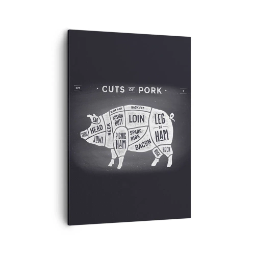 Bild auf Leinwand - Leinwandbild - Diagramm von Schweinefleischstücken auf schwarzem Hintergrund - 50x70cm - Metzger Grundierung - Moderne Wanddekoration für Wohnzimmer und Schlafzimmer ARTTOR