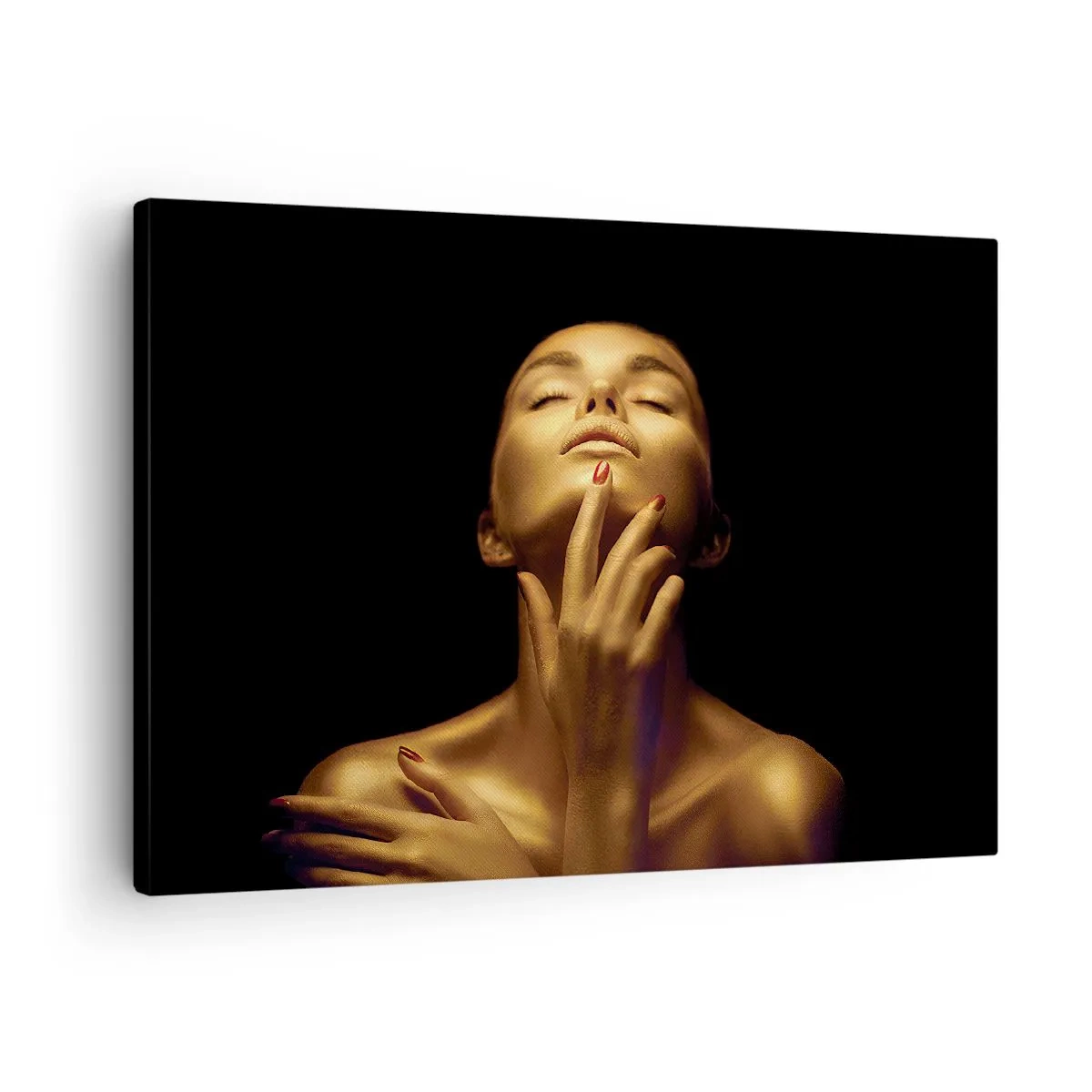 Bild auf Leinwand - Leinwandbild - Porträt einer Frau in goldenem Glanz auf schwarzem Hintergrund - 70x50cm - Wie goldene Seide - Moderne Wanddekoration für Wohnzimmer und Schlafzimmer ARTTOR