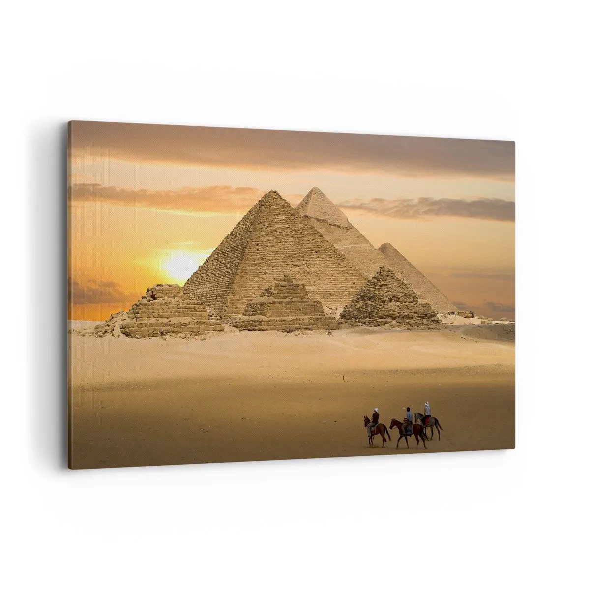 Bild auf Leinwand - Leinwandbild - Pyramiden in Ägypten bei Sonnenuntergang mit Reitern auf Pferden - 120x80cm - Seit Tausenden von Jahren keine Veränderung - Moderne Wanddekoration für Wohnzimmer und Schlafzimmer ARTTOR