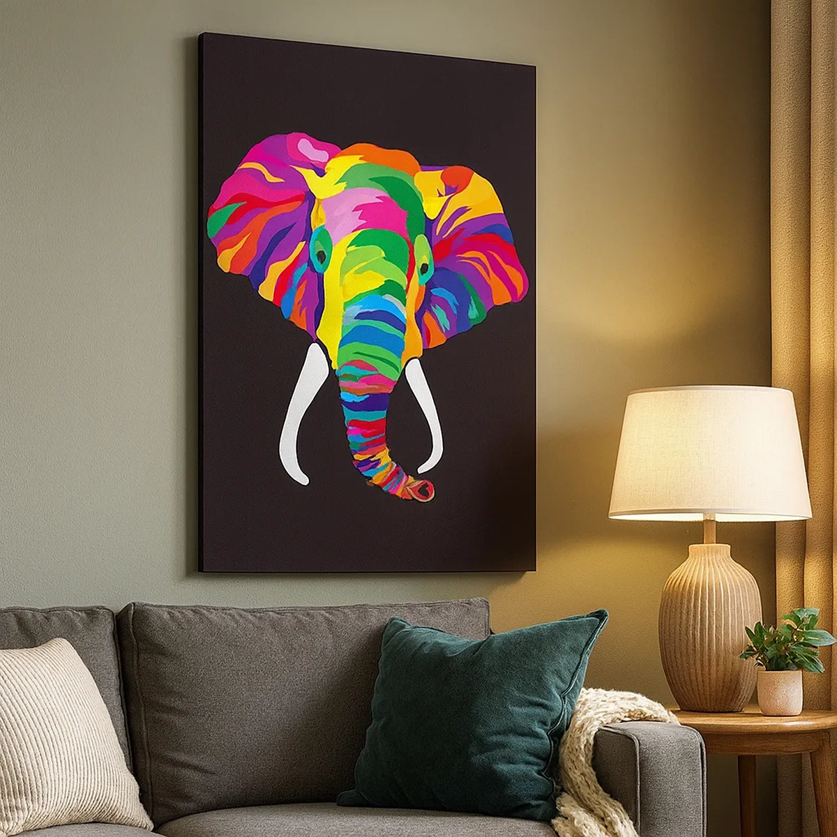 Bild auf Leinwand - Leinwandbild - Ein buntes Bild eines Elefanten auf schwarzem Hintergrund - 50x70cm - Der Elefant, der es liebte, im Regenbogen zu baden - Moderne Wanddekoration für Wohnzimmer und Schlafzimmer ARTTOR