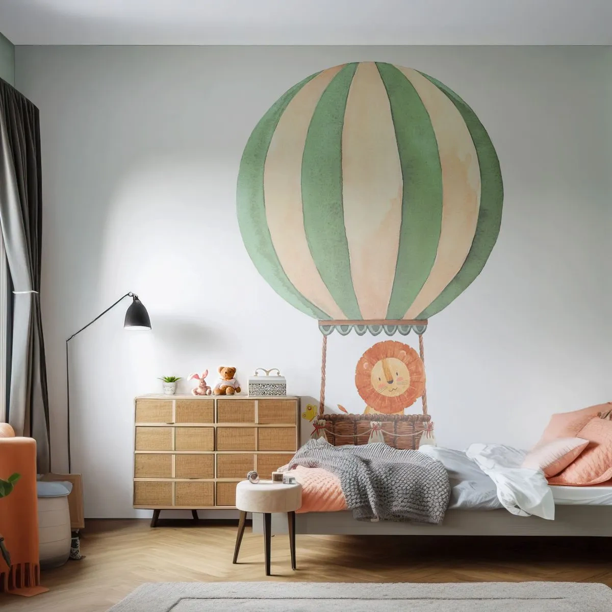 Fototapete Premium Sand - Ein süßer Löwe in einem Ballon auf weißem Hintergrund - 100x70cm - Leons Reisen - Moderne Wanddekoration für Wohnzimmer und Schlafzimmer ARTTOR