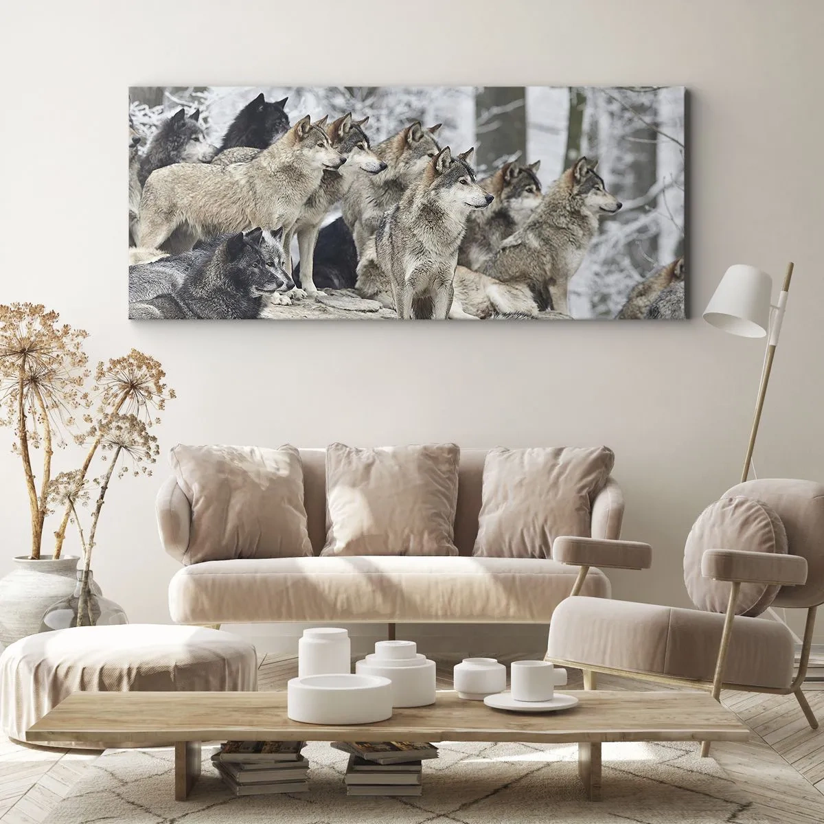 Bild auf Leinwand - Leinwandbild - Ein Wolfsrudel im Winterwald - 140x50cm - Familie und Freunde - Moderne Wanddekoration für Wohnzimmer und Schlafzimmer ARTTOR