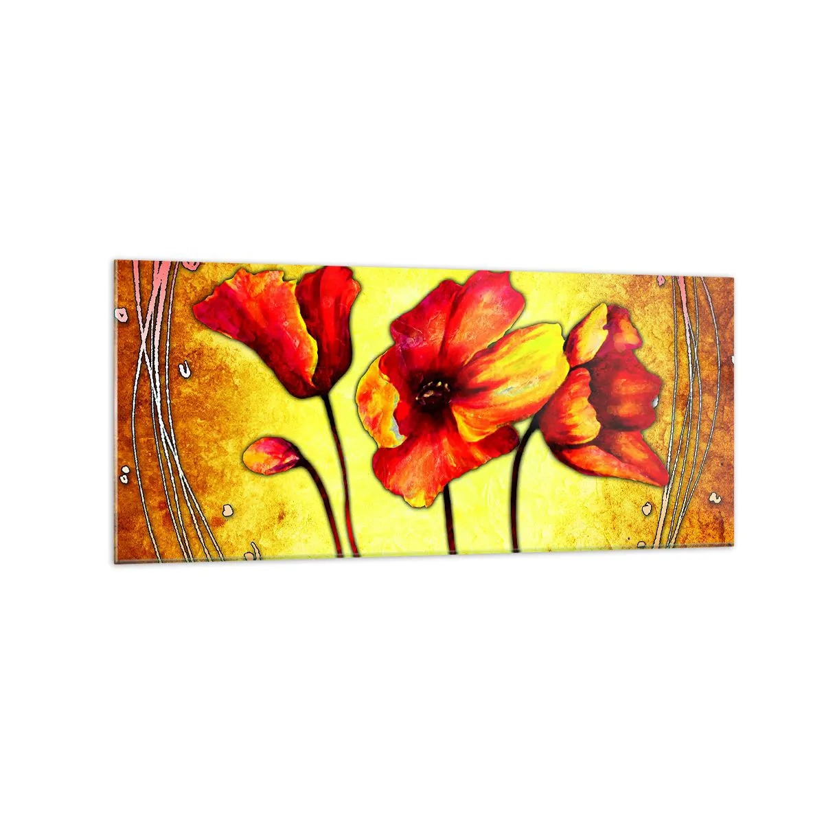 Glasbild - Bild auf glas - Rote und gelbe Blumen auf goldenem Hintergrund mit dekorativen Mustern - 120x50cm - In Jugendstil-Dekorationen - Moderne Wanddekoration für Wohnzimmer und Schlafzimmer ARTTOR