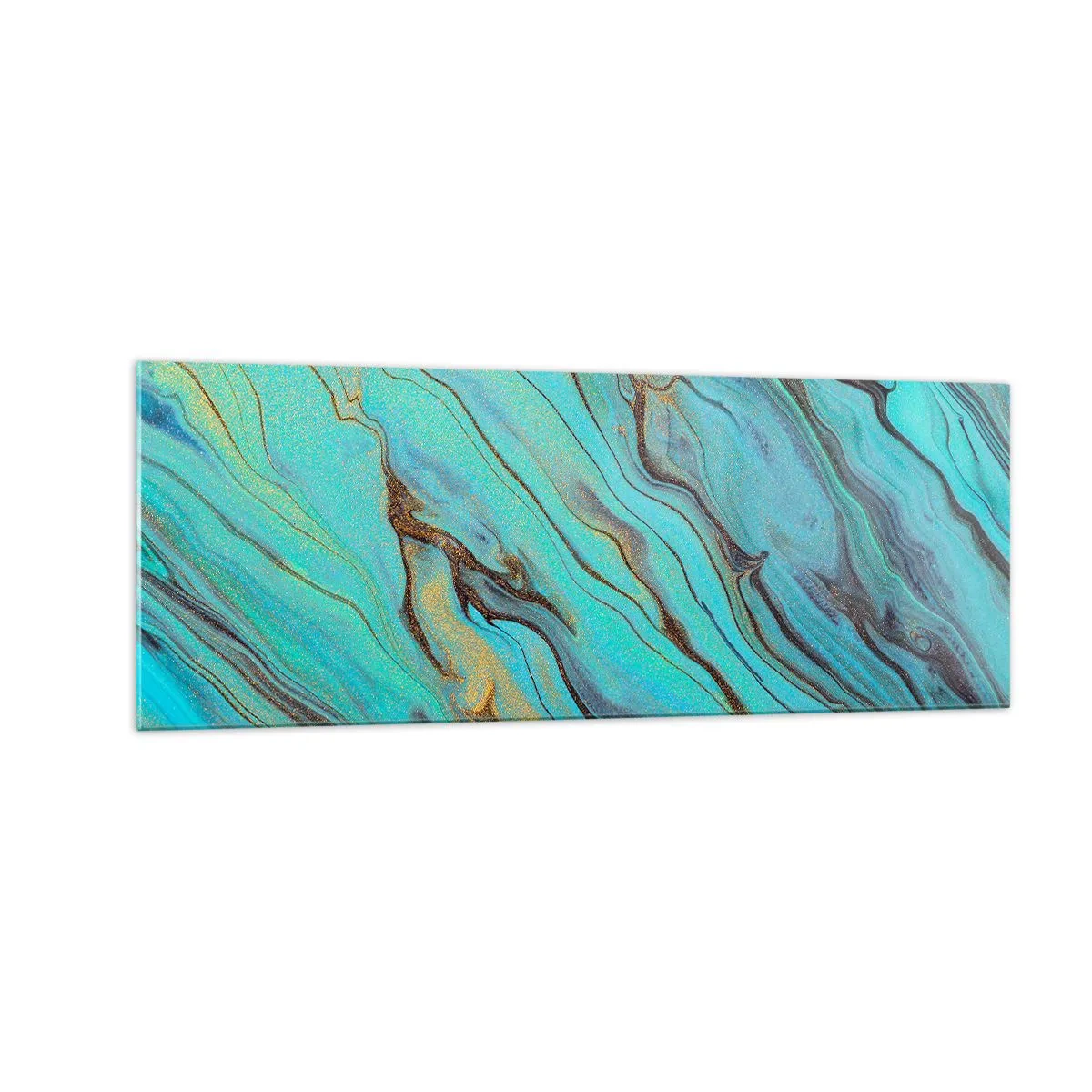 Glasbild - Bild auf glas - Abstrakte Wellen in Türkis- und Goldtönen - 140x50cm - Türkisfarbene Flut - Moderne Wanddekoration für Wohnzimmer und Schlafzimmer ARTTOR