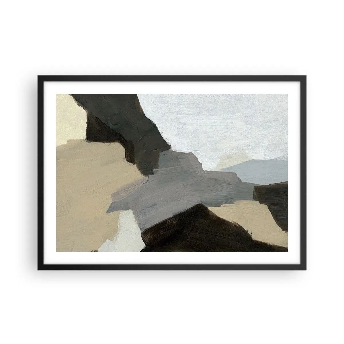 Poster in einem schwarzem Rahmen - Abstrakte Formen in Beige-, Braun- und Grautönen - 70x50cm - Abstraktion: Scheideweg des Graus - Moderne Wanddekoration für Wohnzimmer und Schlafzimmer ARTTOR