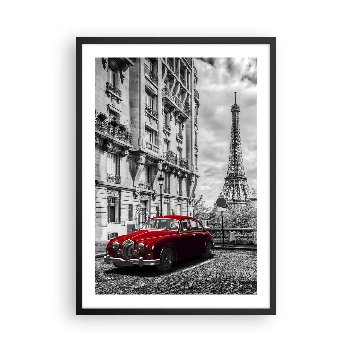 Poster in einem schwarzem Rahmen - Ein rotes Auto mit dem Eiffelturm im Hintergrund - 50x70cm - Raubtier in der Stadt - Moderne Wanddekoration für Wohnzimmer und Schlafzimmer ARTTOR