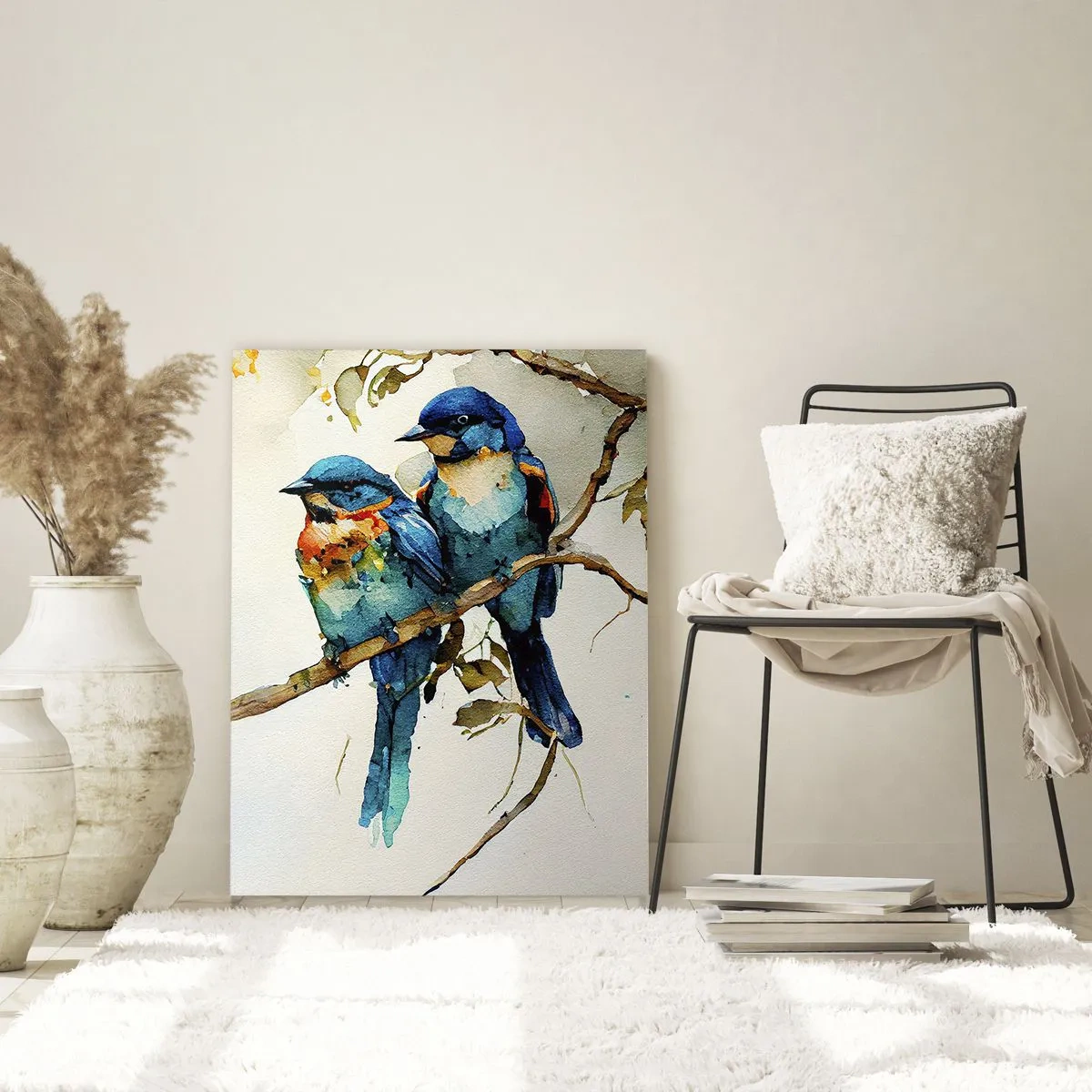 Glasbild - Bild auf glas - Drei bunte Vögel auf einem Ast im Aquarellstil - 70x100cm - War er beleidigt? - Moderne Wanddekoration für Wohnzimmer und Schlafzimmer ARTTOR