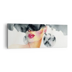 Bild auf Leinwand - Leinwandbild - Eine Frau mit stylischer Brille und großen Ohrringen - 140x50cm - Das Geheimnis der Eleganz - Moderne Wanddekoration für Wohnzimmer und Schlafzimmer ARTTOR