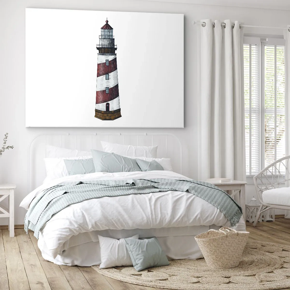 Bild auf Leinwand - Leinwandbild - Ein Cartoonbild eines Leuchtturms mit roten und weißen Streifen auf minimalistischem Hintergrund. - 100x70cm - Immer auf der Hut - Moderne Wanddekoration für Wohnzimmer und Schlafzimmer ARTTOR