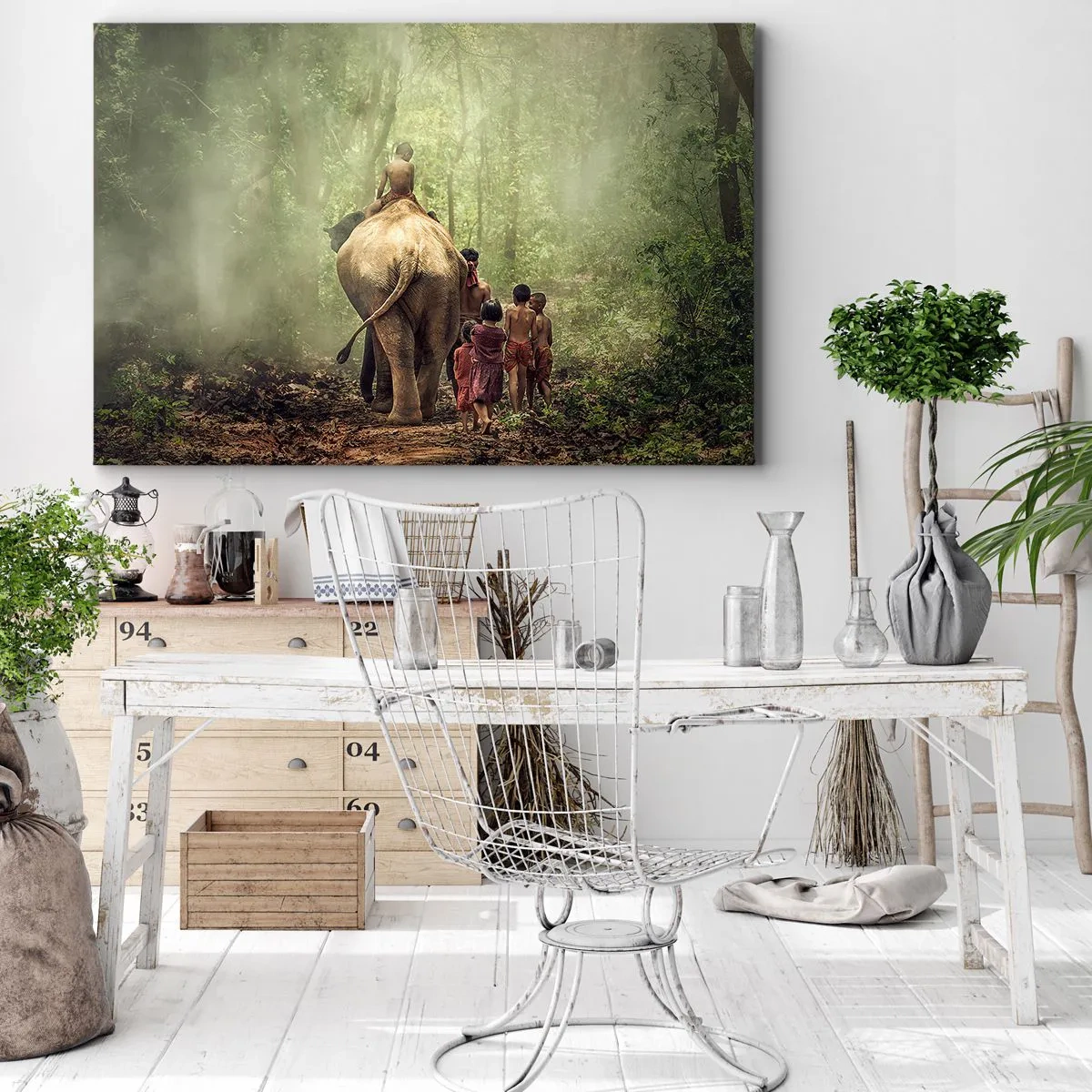 Bild auf Leinwand - Leinwandbild - Kinder mit einem Elefanten in einem grünen Wald im Morgenlicht - 70x50cm - Neues Dschungelbuch - Moderne Wanddekoration für Wohnzimmer und Schlafzimmer ARTTOR