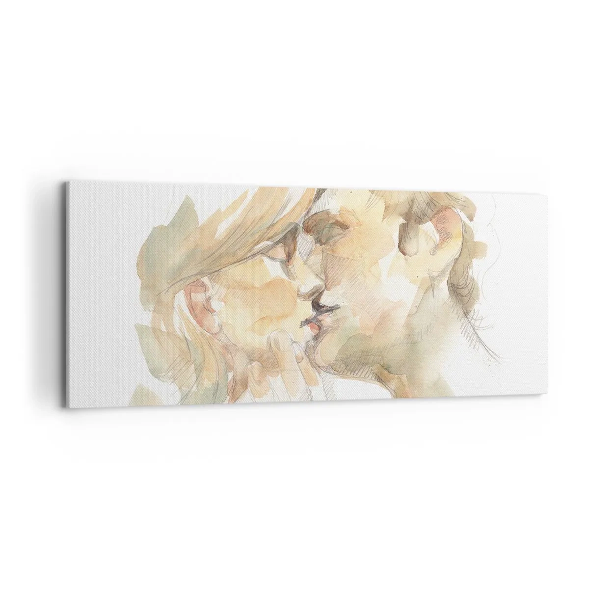 Bild auf Leinwand - Leinwandbild - Romantisches Aquarellporträt eines sich küssenden Paares - 120x50cm - Hälfte gefunden? - Moderne Wanddekoration für Wohnzimmer und Schlafzimmer ARTTOR