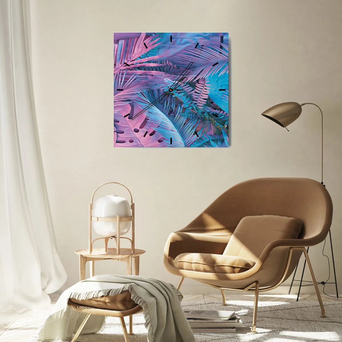 Wanduhr - Glasuhr - Tropische Blätter in Rosa- und Blautönen - 30x30cm - Tropen in Rosa und Blau - Moderne Wanddekoration für Wohnzimmer und Schlafzimmer ARTTOR