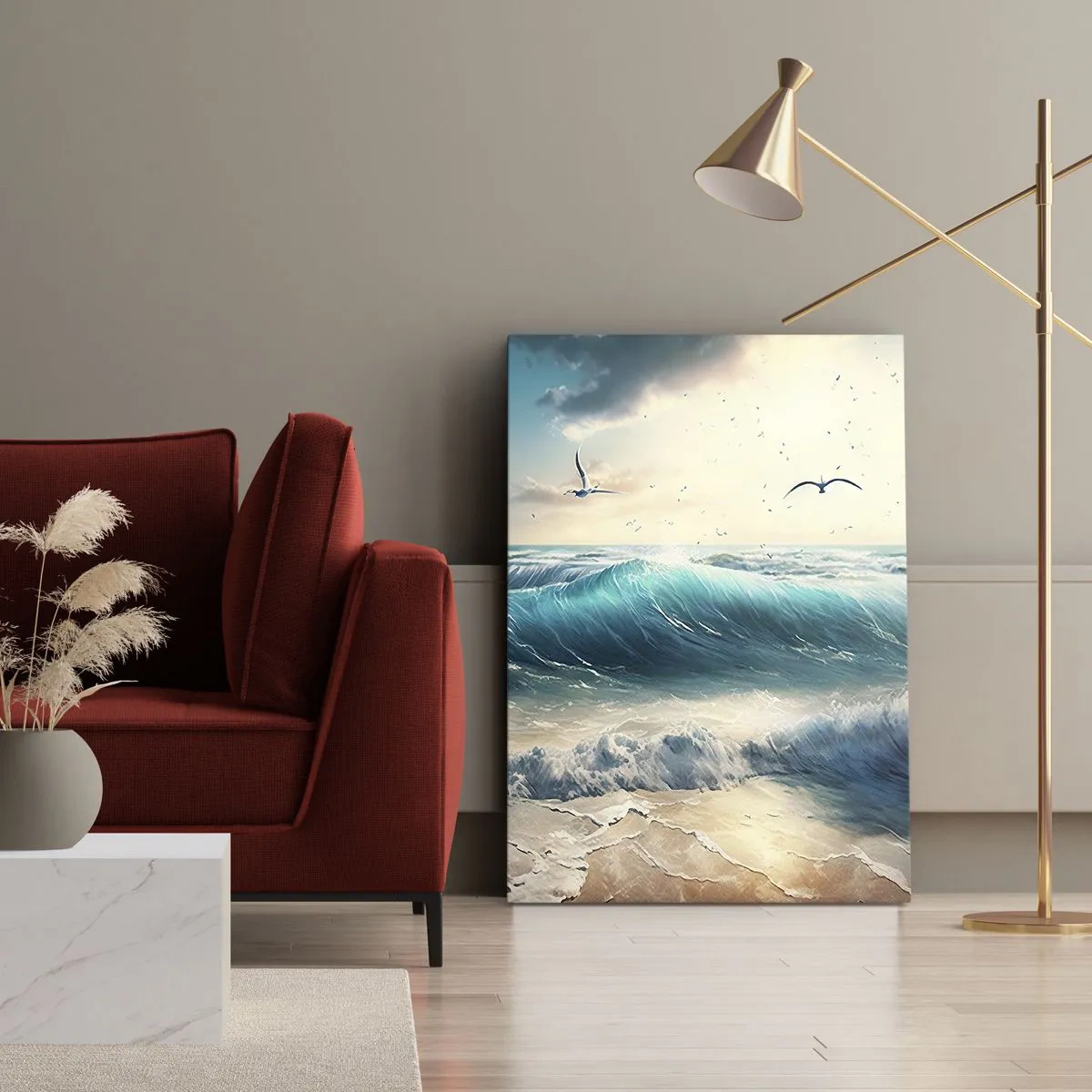 Bild auf Leinwand - Leinwandbild - Meereswellen am Strand unter blauem Himmel mit Möwen - 80x120cm - Es summt nur für dich - Moderne Wanddekoration für Wohnzimmer und Schlafzimmer ARTTOR