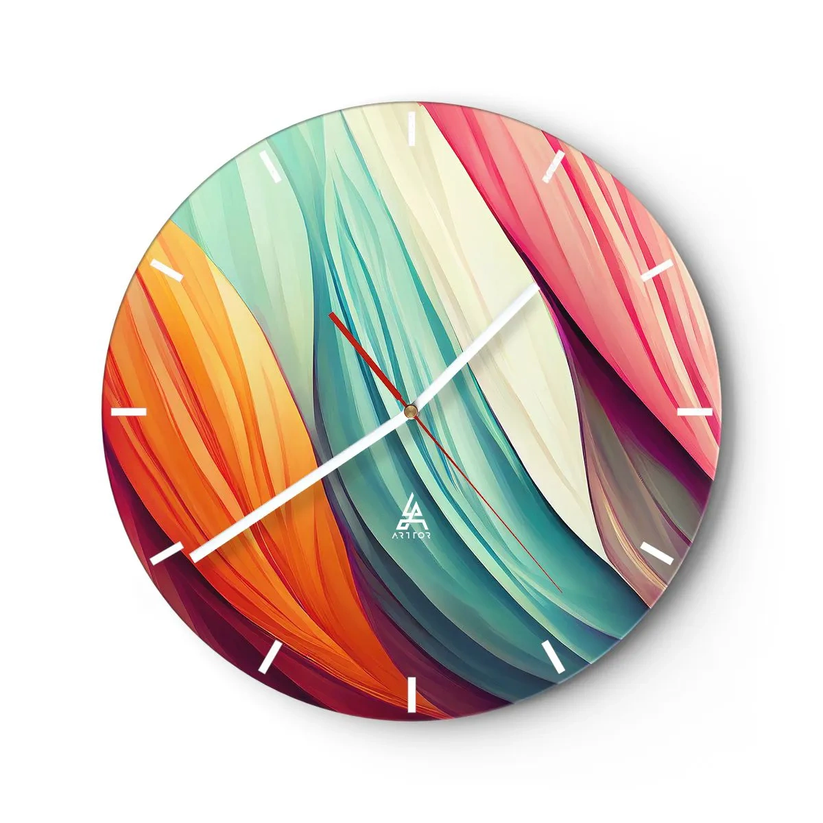 Wanduhr - Glasuhr - Bunte Wellen in Orange-, Mint- und Pinktönen - 30x30cm - Regenbogengewebe - Moderne Wanddekoration für Wohnzimmer, Küche und Schlafzimmer ARTTOR