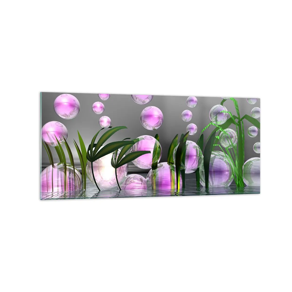 Glasbild - Bild auf glas - Grüne Blätter und rosa Blasen über dem Wasser auf grauem Hintergrund - 120x50cm - Eine reflektierende Komposition aus Leichtigkeit und Leben - Moderne Wanddekoration für Wohnzimmer und Schlafzimmer ARTTOR