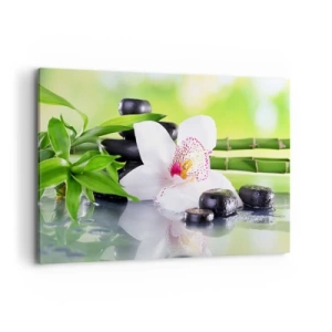 Bild auf Leinwand - Leinwandbild - Orchidee, Steine und Bambus in einer harmonischen Spa-Komposition - 120x80cm - Kühle Frische - Moderne Wanddekoration für Wohnzimmer und Schlafzimmer ARTTOR