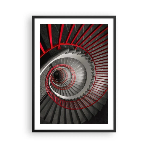 Poster in einem schwarzem Rahmen - Wendeltreppe in Schwarz und Weiß mit roten Handläufen - 50x70cm - Architekturspaß - Moderne Wanddekoration für Wohnzimmer und Schlafzimmer ARTTOR